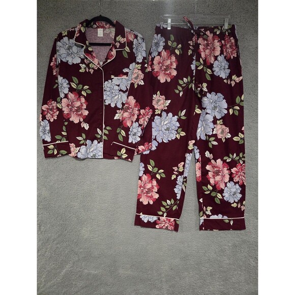 Liz Claiborne Cotton Pajama Set Womens M Burgundy Floral Button Front Warm LS - Picture 1 of 13
